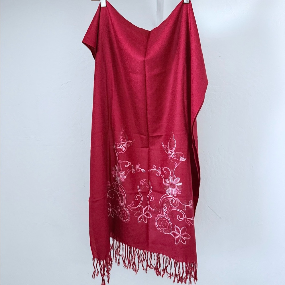 Never Worn Cranberry Red Embroidered Pashmina Scarf